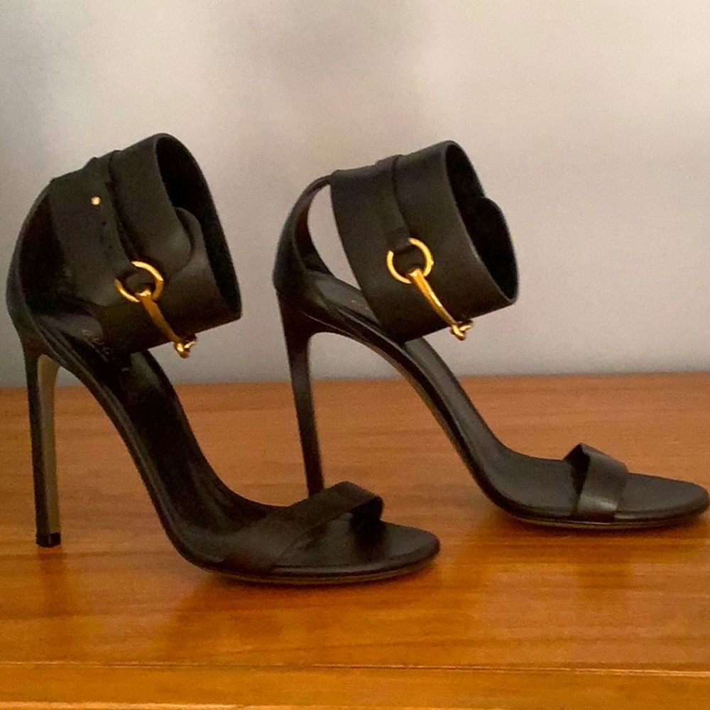 Gucci black leather ankle cuff stilettos. Size 38 1/2. Excellent condition.